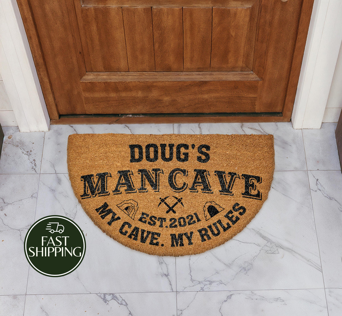 Custom Name & Date Man Cave Welcome Mat, My Cave My Rules Half Moon Doormat