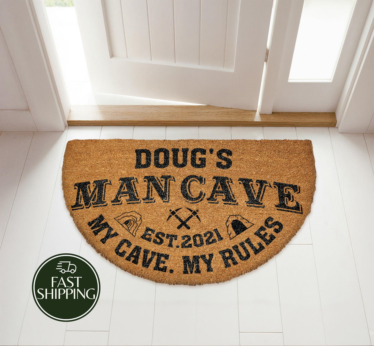 Custom Name & Date Man Cave Welcome Mat, My Cave My Rules Half Moon Doormat