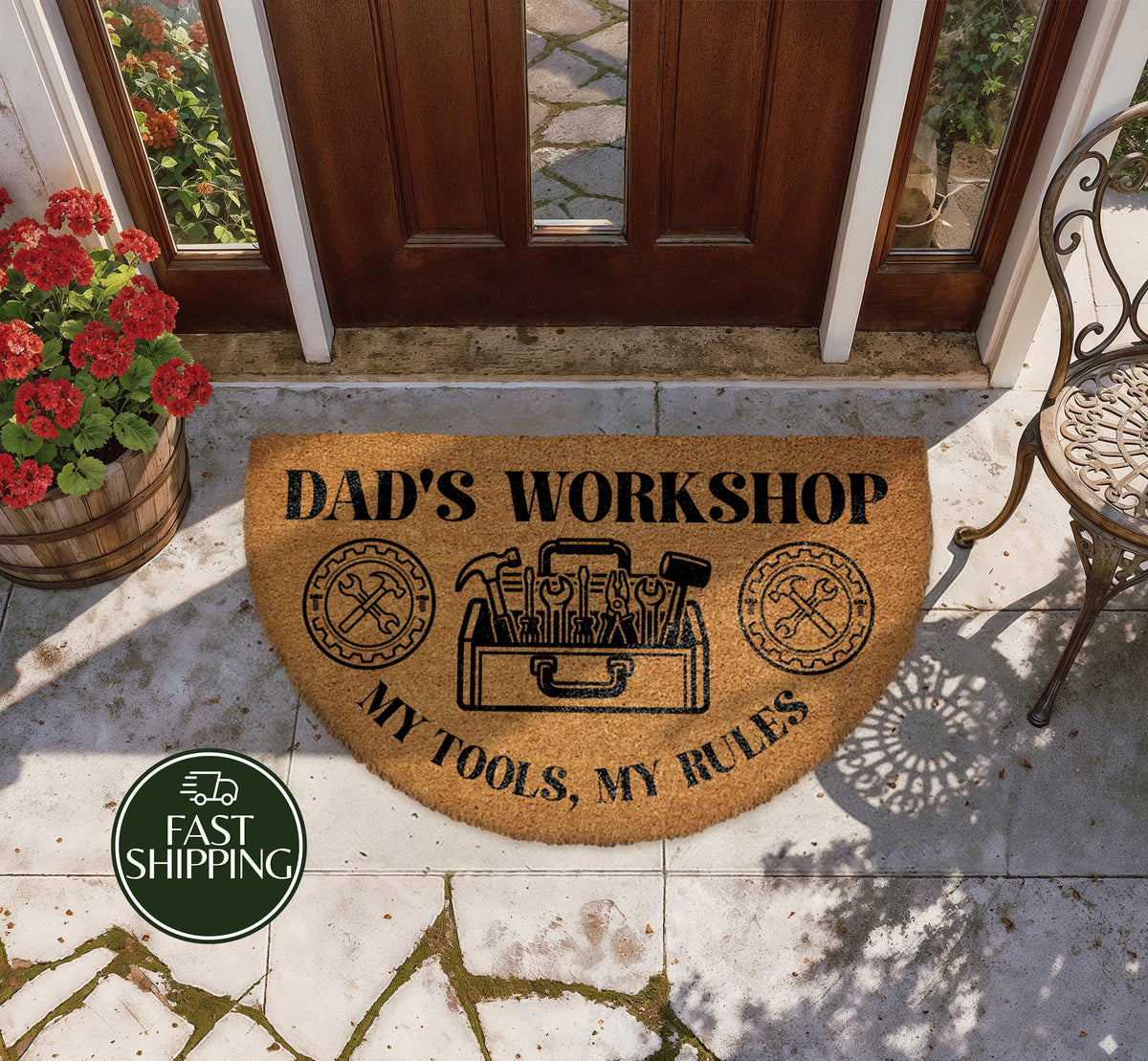 My Tools My Rules Doormat, Dad's Workshop Half Moon Welcome Mat, Tool Kit Rustic Garage Decor