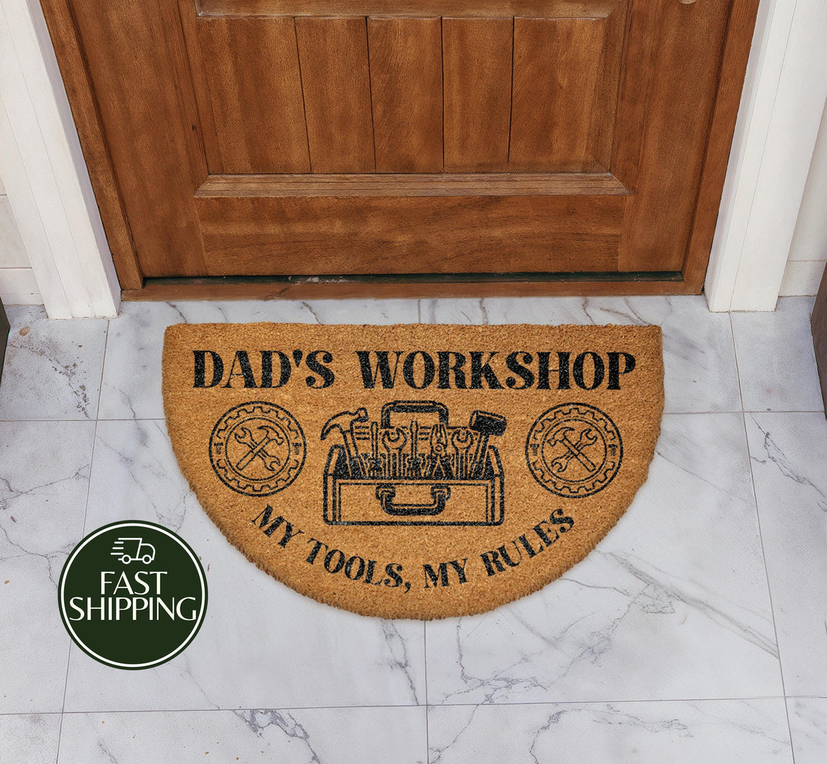 My Tools My Rules Doormat, Dad's Workshop Half Moon Welcome Mat, Tool Kit Rustic Garage Decor