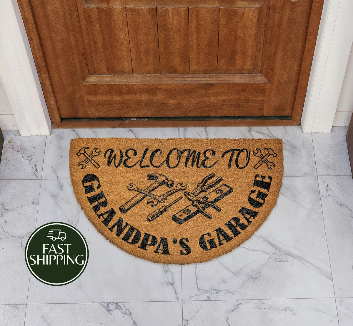 Grandpa's Garage Half Moon Doormat, Handyman Grandpa Workshop Welcome Mat