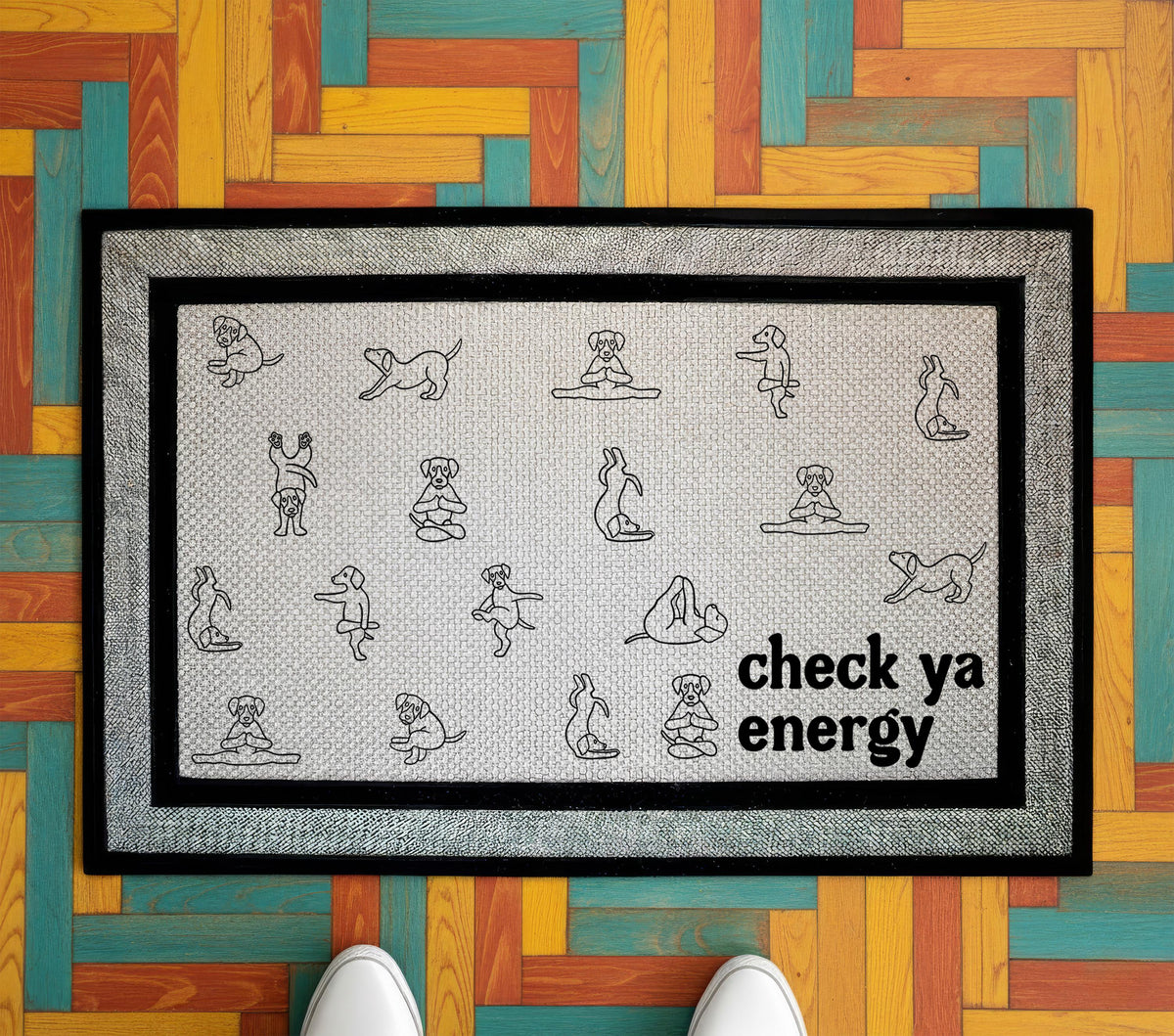 Check Ya Energy Doormat, Funny Dog Yoga Welcome Mat, Cute Outdoor Rug for Dog Lovers, Positive Vibes Housewarming Gift, Pet Owner Present