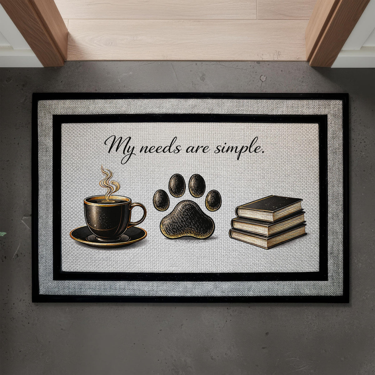 My Needs Are Simple Doormat, Coffee Books Dogs Welcome Mat, Pet Lover Door Mat, Funny Front Porch Mat, Cute Bookworm Gift, New Home Decor