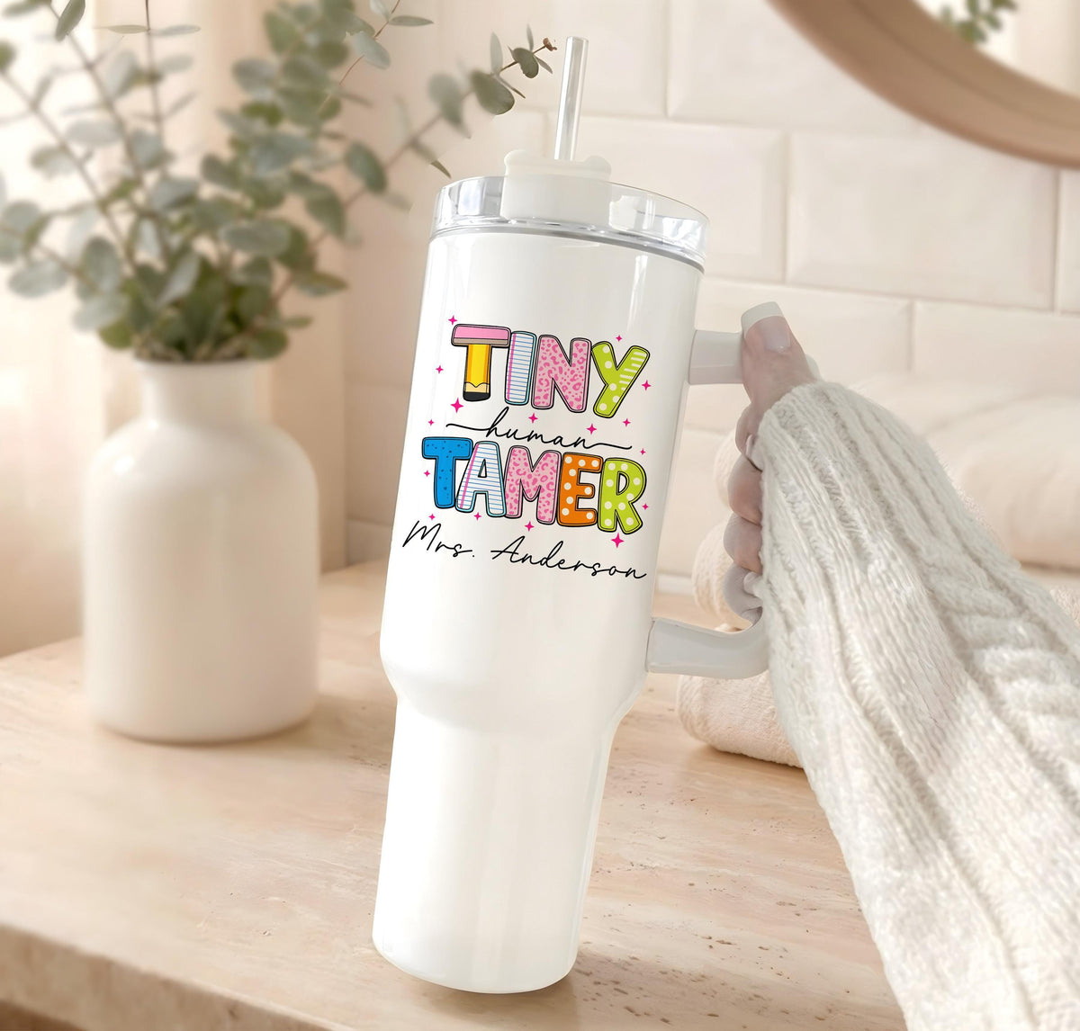 Custom Preschool Teacher Tumbler, Tiny Human Tamer Drinkware, Personalized Teacher Gift