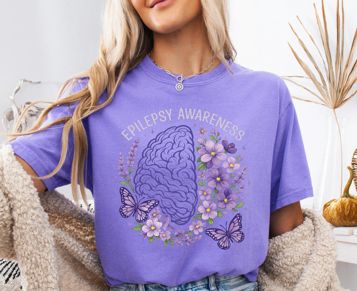 Comfort Colors® Epilepsy Awareness Shirt, Floral Epilepsy Fighter T-Shirt, Purple Ribbon Tee