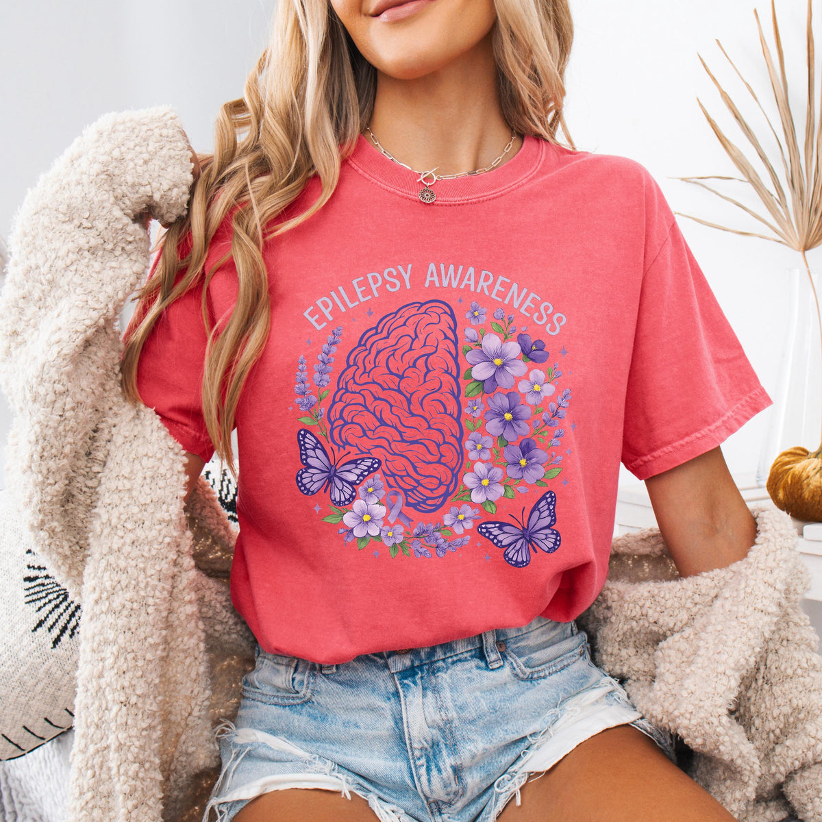 Comfort Colors® Epilepsy Awareness Shirt, Floral Epilepsy Fighter T-Shirt, Purple Ribbon Tee