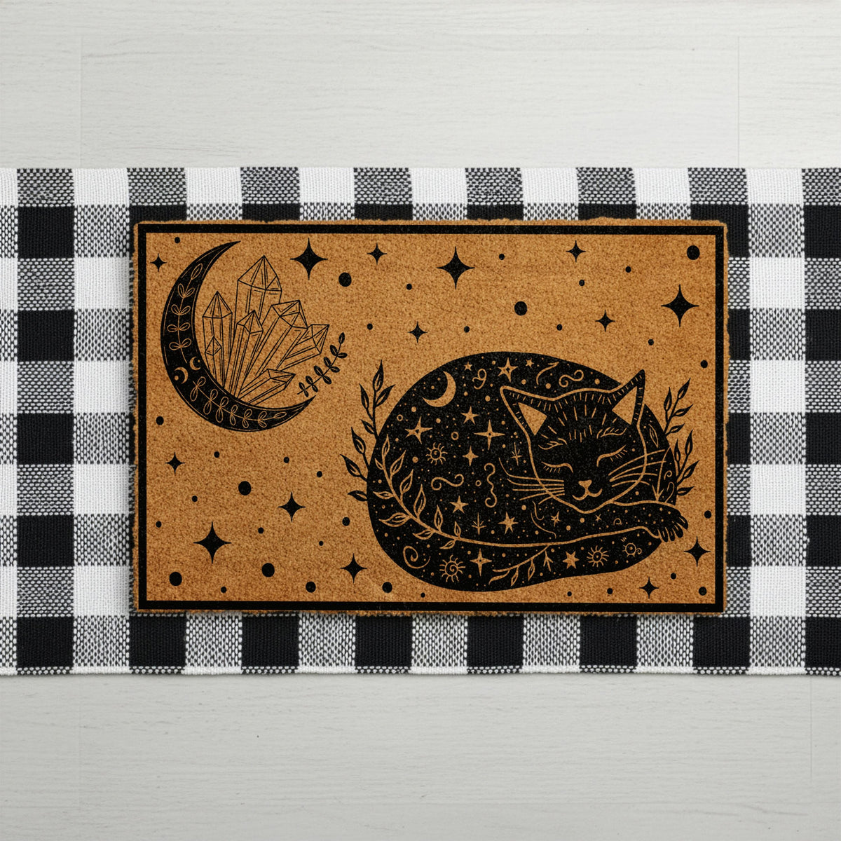 Celestial Black Cat Doormat, Crescent Moon and Crystals Welcome Mat, Cats Lover Witchy Housewarming Gift, Halloween Front Porch Coir Rug