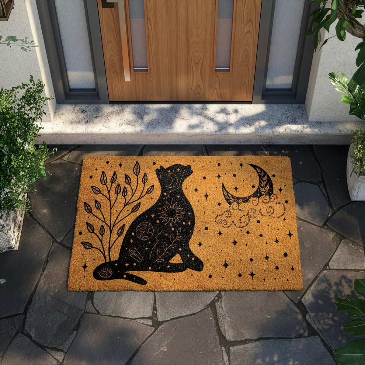 Celestial Black Cat Doormat, Crescent Moon and Crystals Welcome Mat, Cats Lover Witchy Housewarming Gift, Halloween Front Porch Coir Rug
