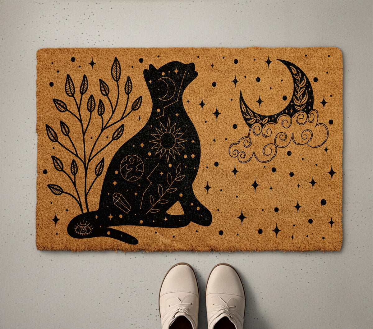 Celestial Cat Doormat, Astrology Welcome Mat, Crescent Moon & Crystals Home Entrance Decor, Witchy Housewarming Gift, Halloween Porch Rug