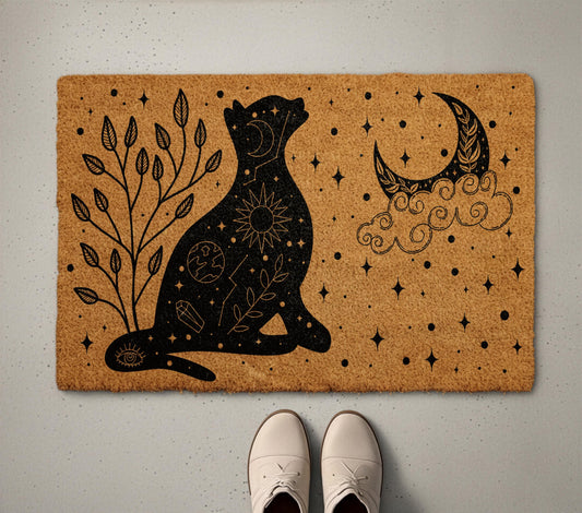 Celestial Cat Doormat, Astrology Welcome Mat, Crescent Moon & Crystals Home Entrance Decor, Witchy Housewarming Gift, Halloween Porch Rug