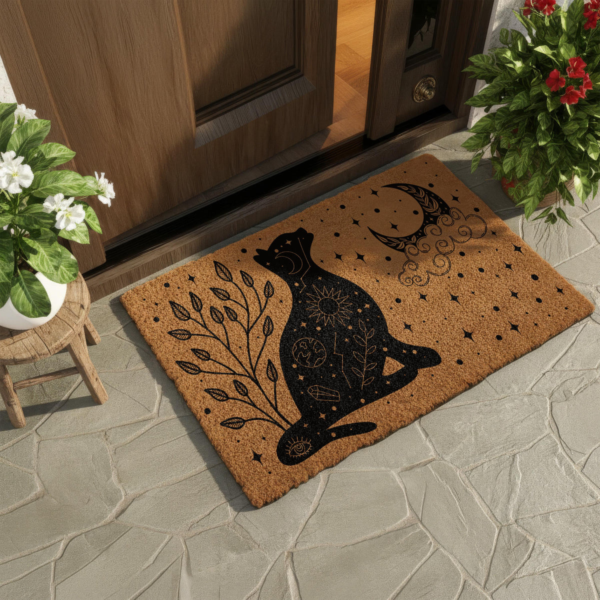 Celestial Cat Doormat, Astrology Welcome Mat, Crescent Moon & Crystals Home Entrance Decor, Witchy Housewarming Gift, Halloween Porch Rug