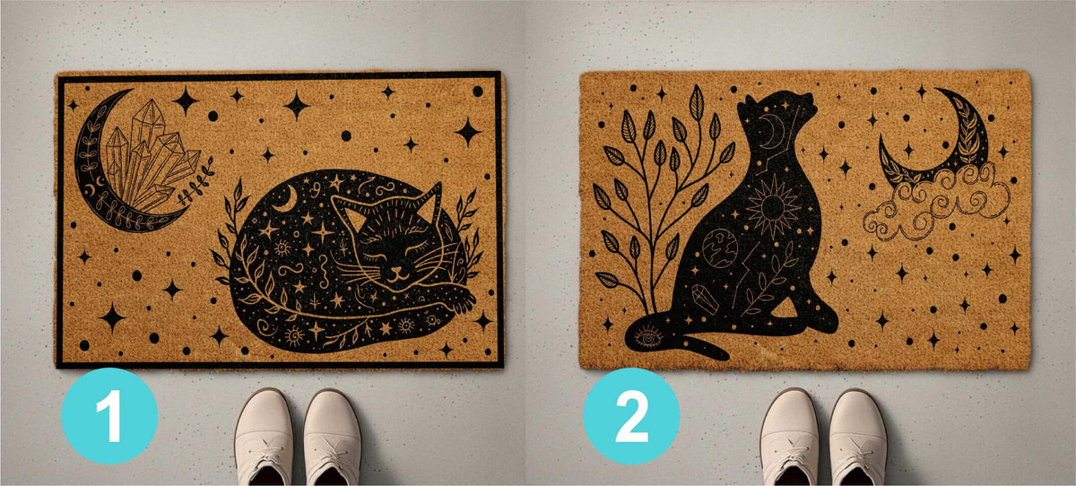Celestial Cat Doormat, Astrology Welcome Mat, Crescent Moon & Crystals Home Entrance Decor, Witchy Housewarming Gift, Halloween Porch Rug