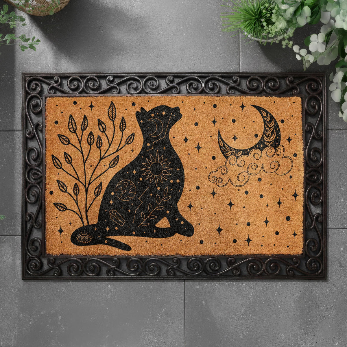 Celestial Cat Doormat, Astrology Welcome Mat, Crescent Moon & Crystals Home Entrance Decor, Witchy Housewarming Gift, Halloween Porch Rug