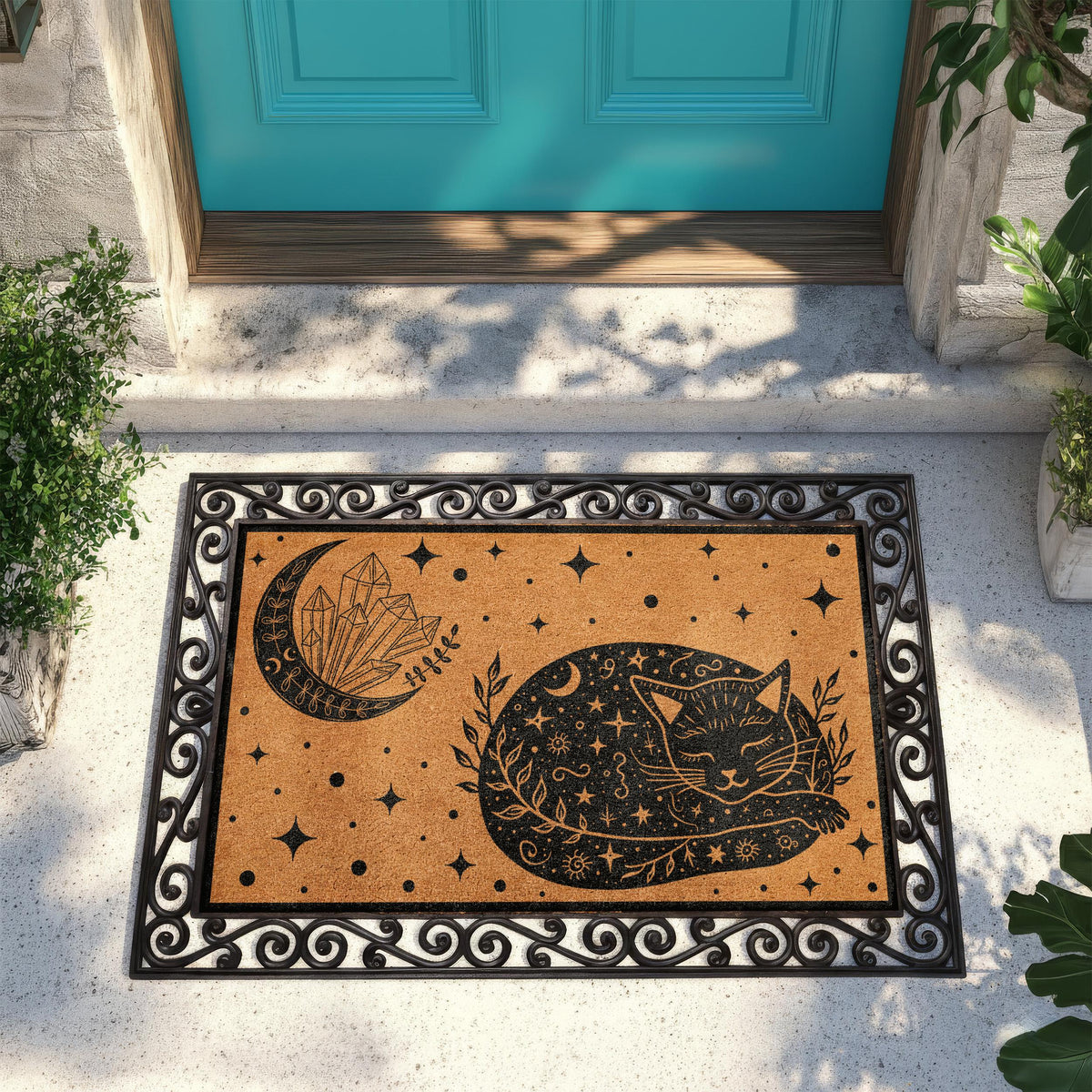 Celestial Cat Doormat, Astrology Welcome Mat, Crescent Moon & Crystals Home Entrance Decor, Witchy Housewarming Gift, Halloween Porch Rug