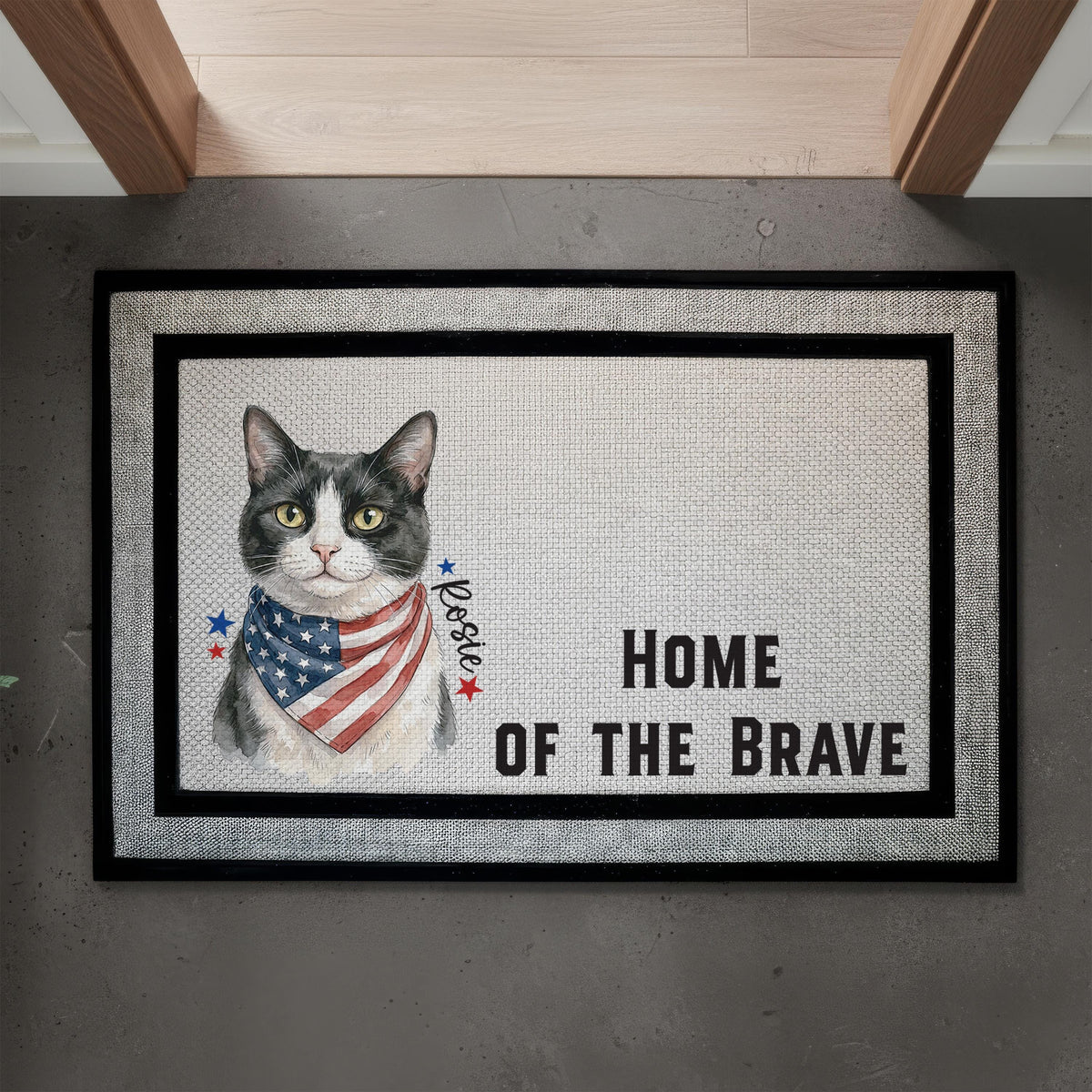 Custom Pet Photo 4th of July Doormat, Patriotic Dog Cat Welcome Mat, American Flag Bandana and Pet Name Housewarming Gift, Summer Porch Decor