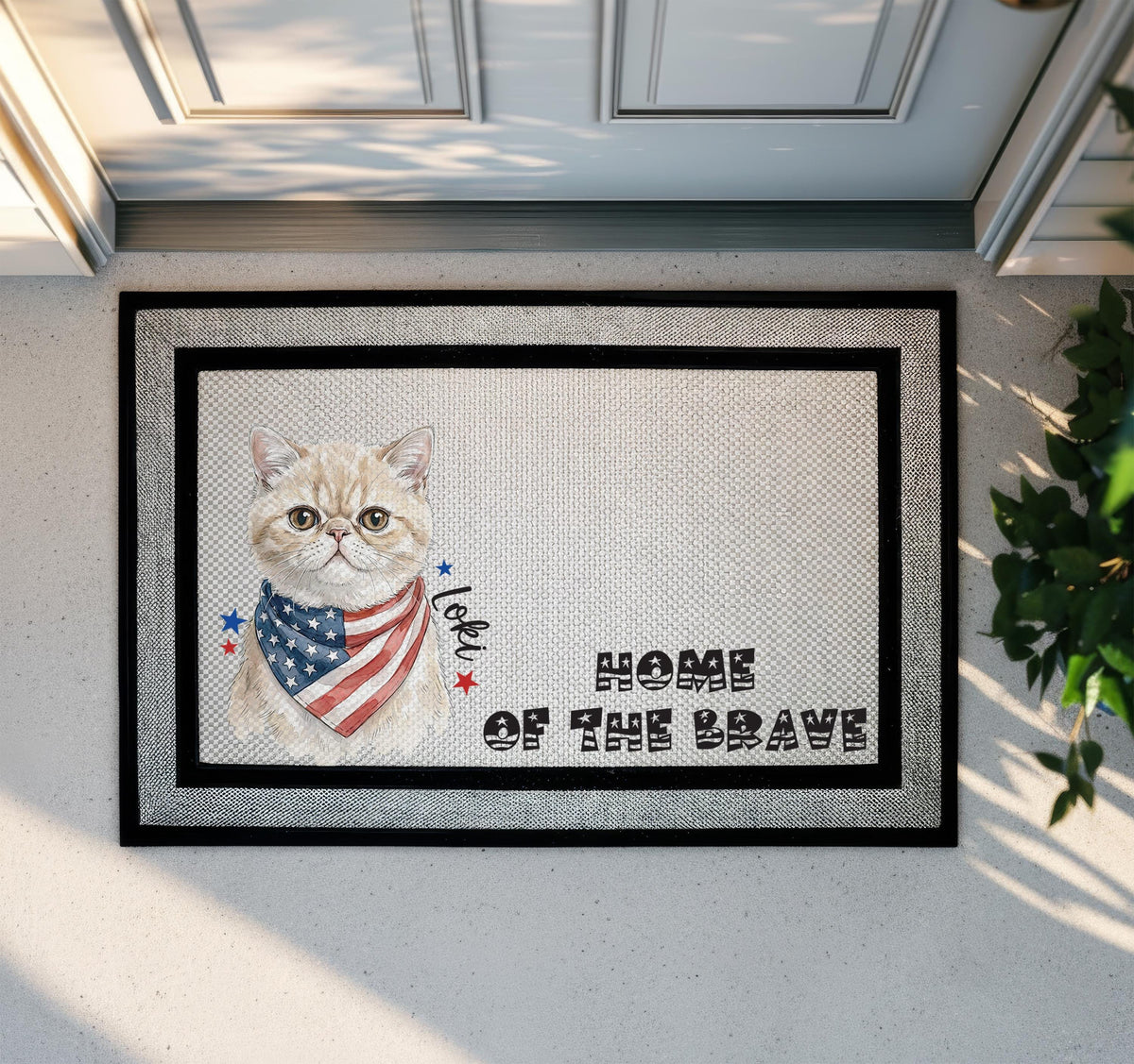Custom Pet Photo 4th of July Doormat, Patriotic Dog Cat Welcome Mat, American Flag Bandana and Pet Name Housewarming Gift, Summer Porch Decor