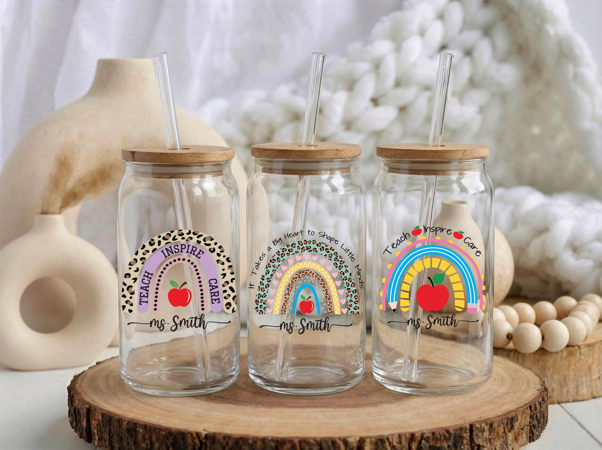 Personalized Teacher Name Glass Tumbler, Rainbow Iced Coffee Cup, Teacher Appreciation Gift
