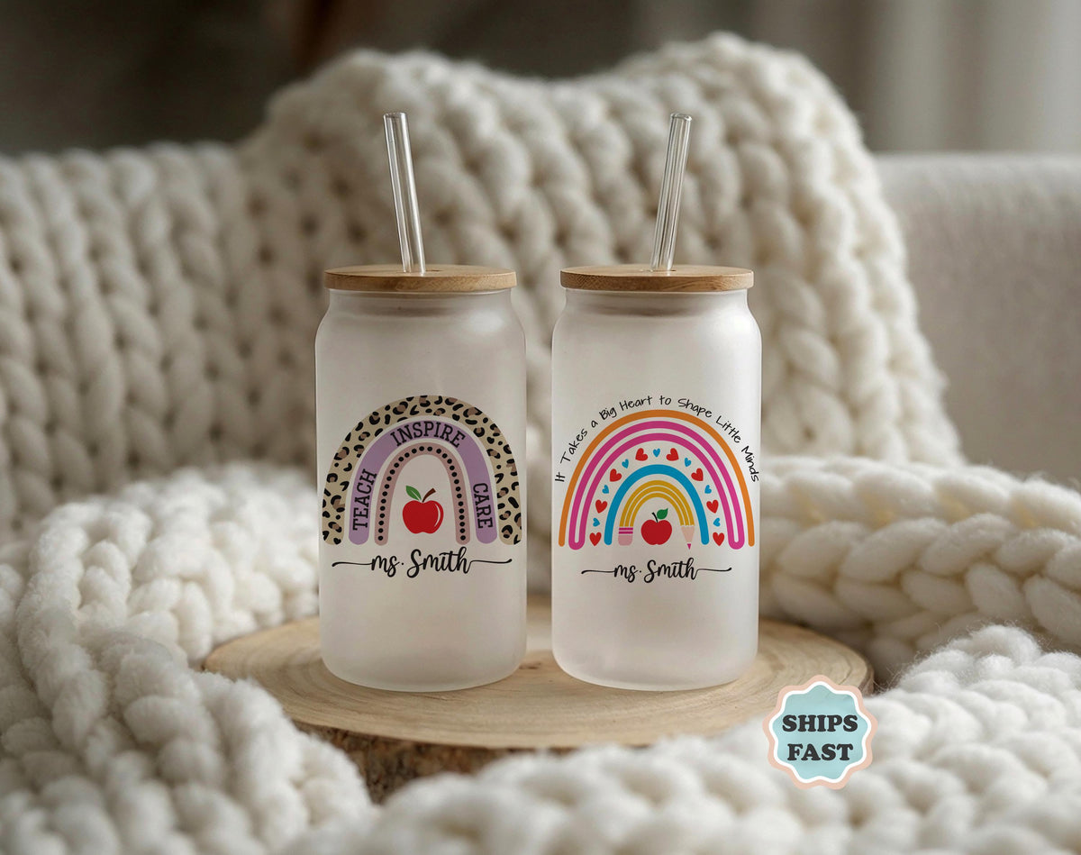 Personalized Teacher Name Glass Tumbler, Rainbow Iced Coffee Cup, Teacher Appreciation Gift