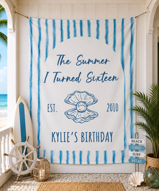 Custom Summer Birthday Banner, Personalized Beach Party Backdrop, Watercolor Stripes (Vinyl)