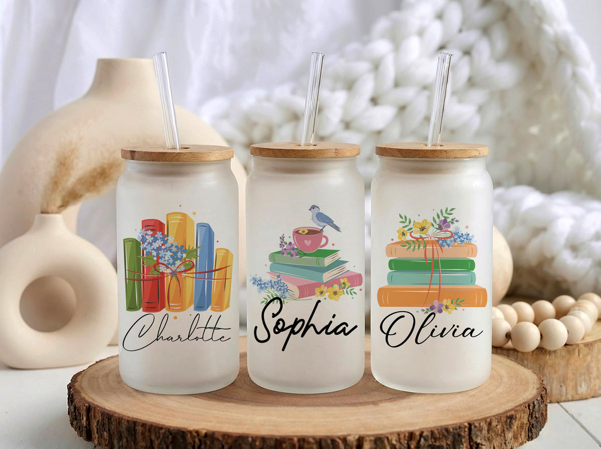 Personalized Book Lover Can Glass, Custom Name Floral Reader Iced Coffee Cup