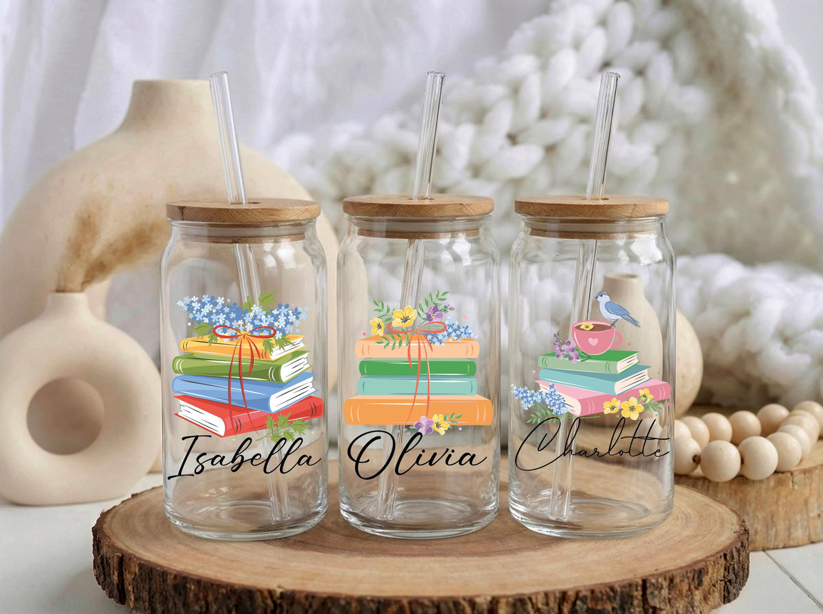 Personalized Book Lover Can Glass, Custom Name Floral Reader Iced Coffee Cup
