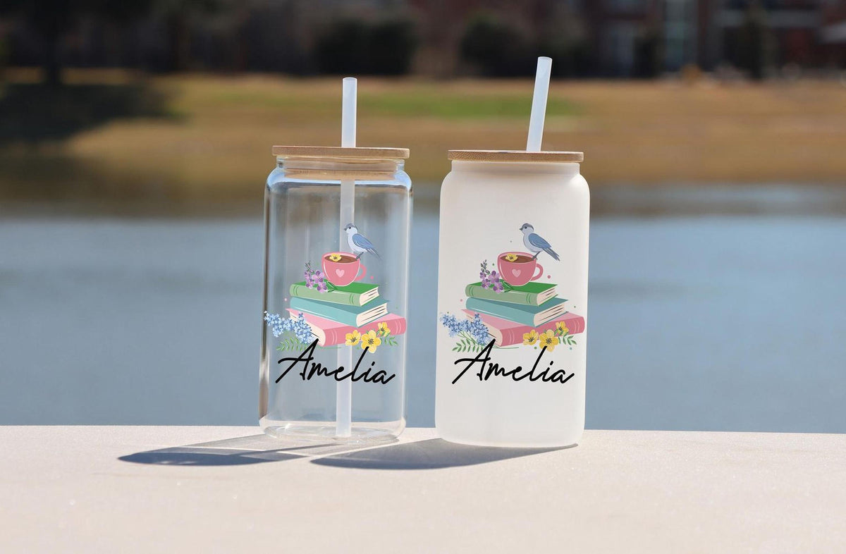 Personalized Book Lover Can Glass, Custom Name Floral Reader Iced Coffee Cup