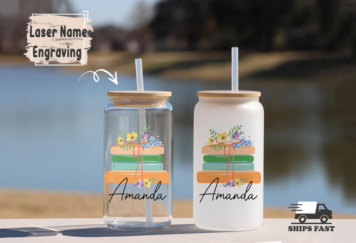 Personalized Book Lover Can Glass, Custom Name Floral Reader Iced Coffee Cup