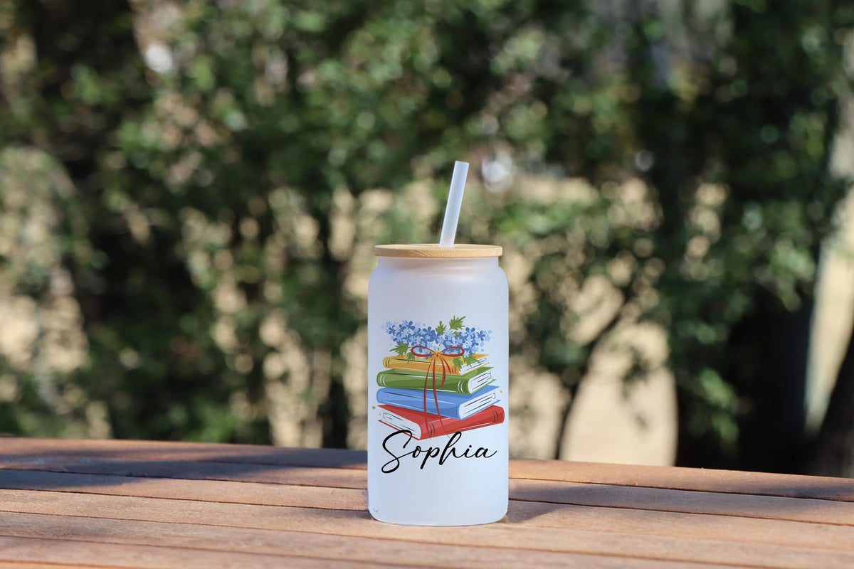 Personalized Book Lover Can Glass, Custom Name Floral Reader Iced Coffee Cup