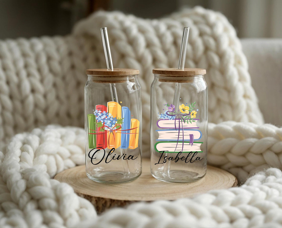 Personalized Book Lover Can Glass, Custom Name Floral Reader Iced Coffee Cup