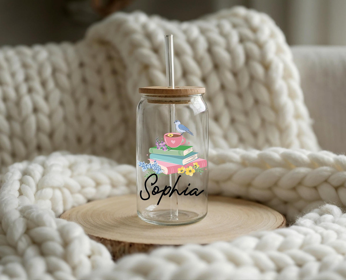Personalized Book Lover Can Glass, Custom Name Floral Reader Iced Coffee Cup