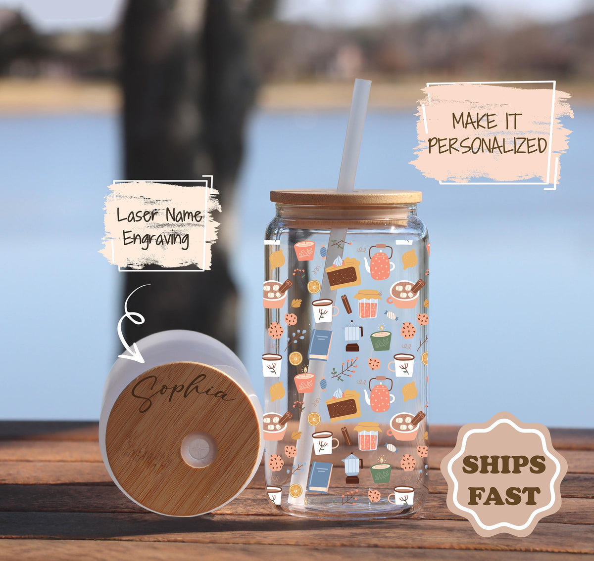 Personalized Book Lover Glass Tumbler: Engraved Bamboo Lid, Straw & Custom Name