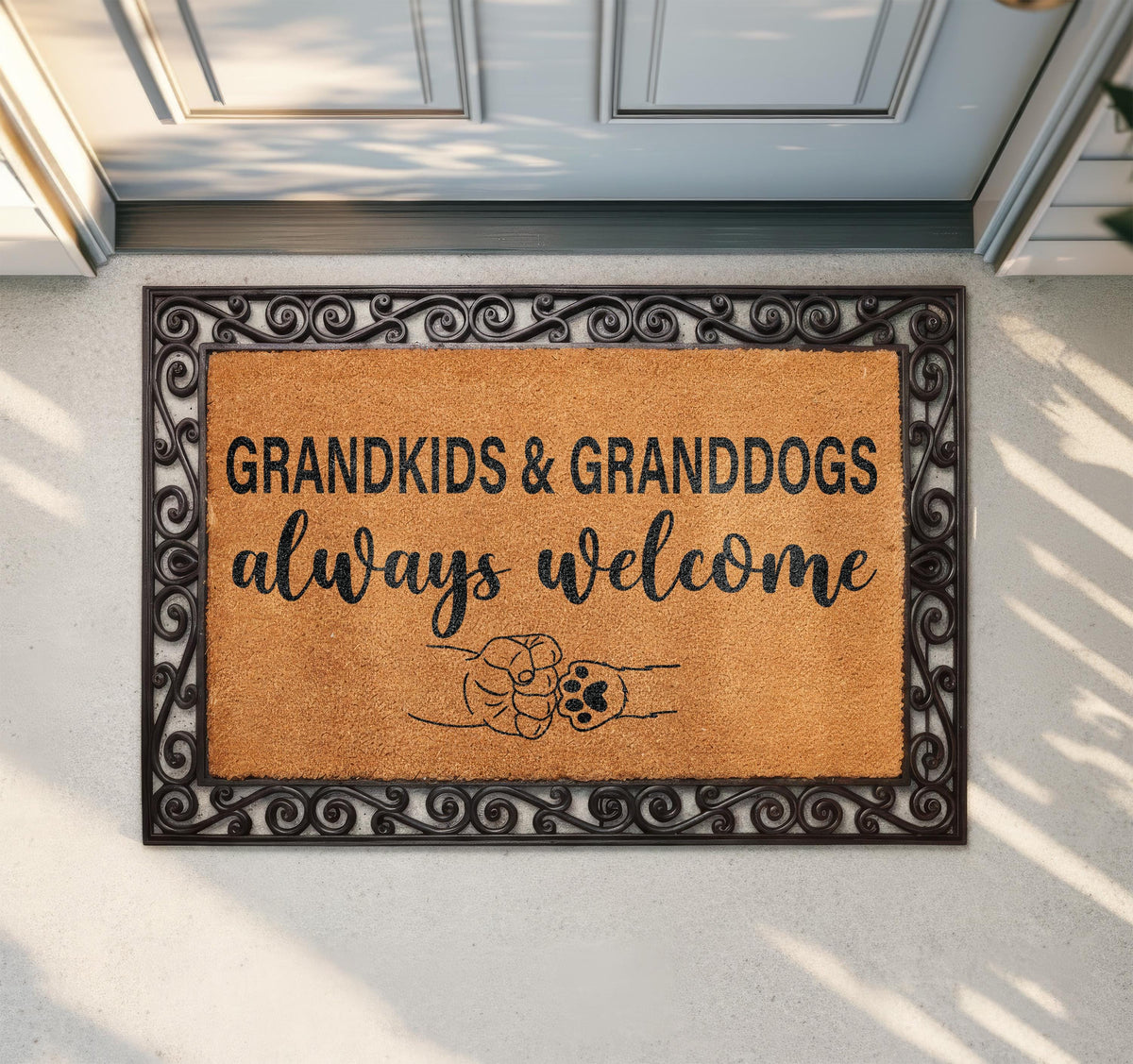 Grandkids & Granddogs Always Welcome Doormat, Grandparents Welcome Mat, Cute Paw Fist Bump Housewarming Gift, Dogs Mom Front Porch Coir Rug
