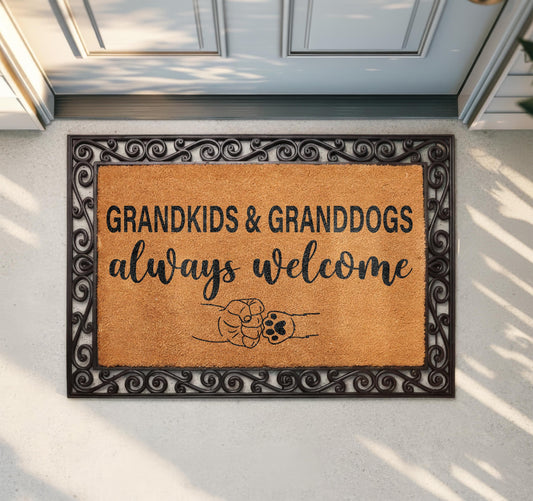 Grandkids & Granddogs Always Welcome Doormat, Grandparents Welcome Mat, Cute Paw Fist Bump Housewarming Gift, Dogs Mom Front Porch Coir Rug