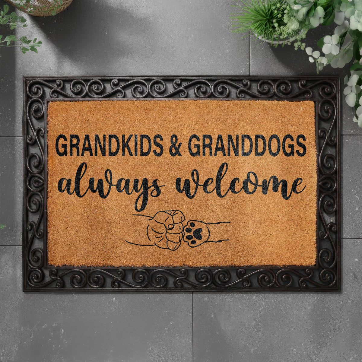 Grandkids & Granddogs Always Welcome Doormat, Grandparents Welcome Mat, Cute Paw Fist Bump Housewarming Gift, Dogs Mom Front Porch Coir Rug