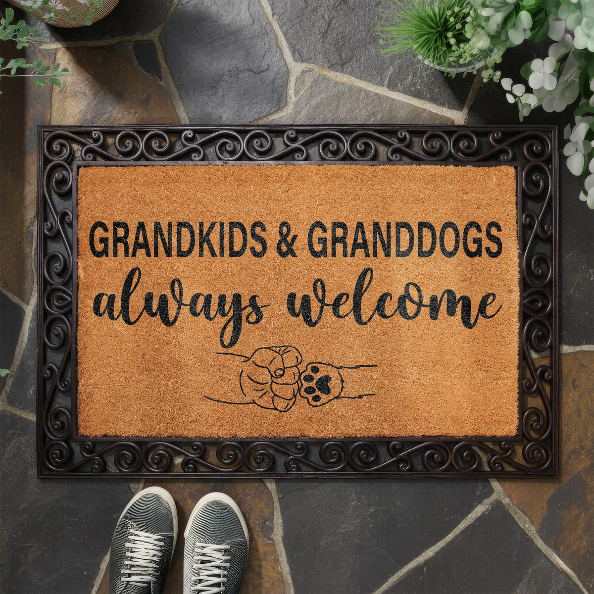 Grandkids & Granddogs Always Welcome Doormat, Grandparents Welcome Mat, Cute Paw Fist Bump Housewarming Gift, Dogs Mom Front Porch Coir Rug