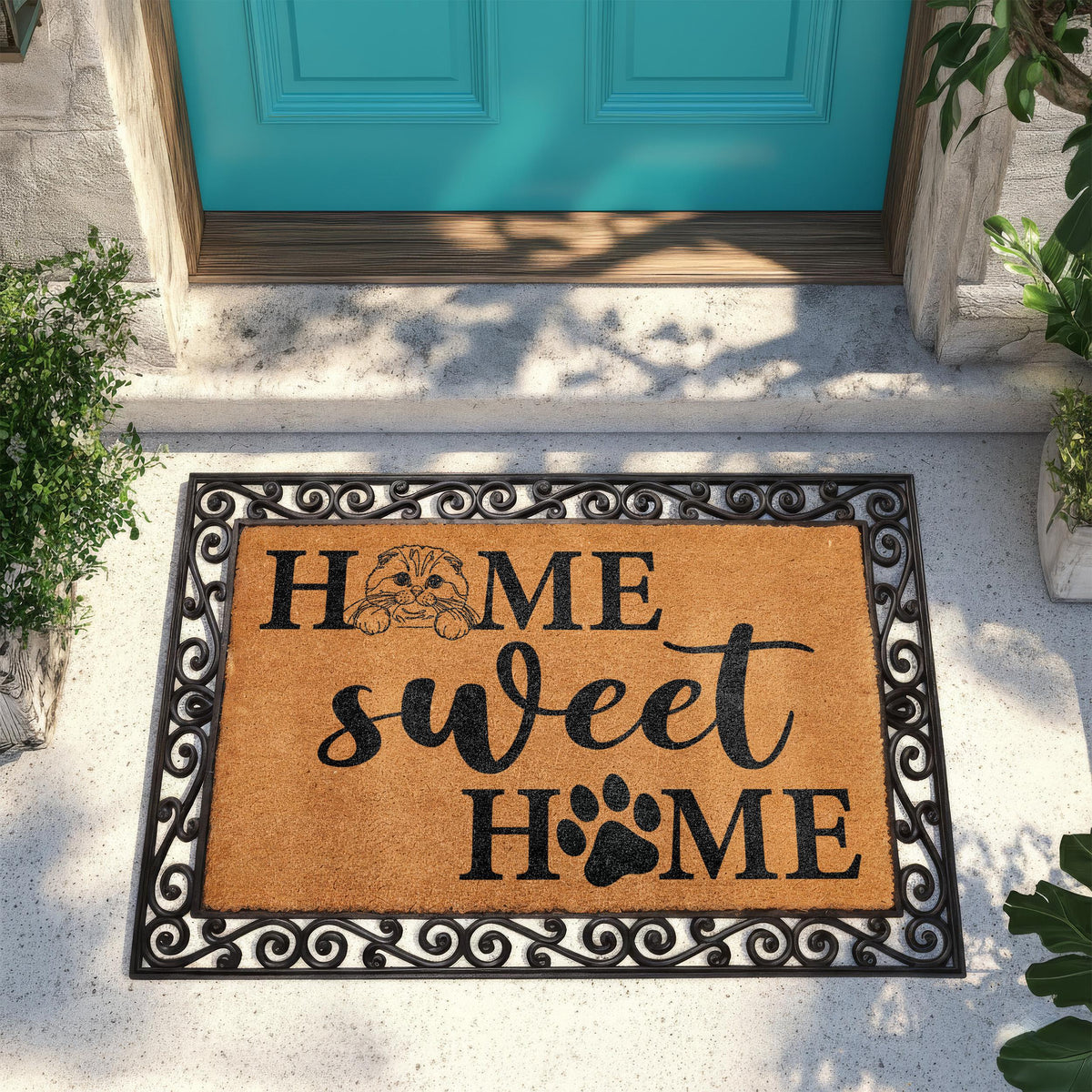 Custom Line Art Cat Home Sweet Home Doormat, Cats Lover Welcome Mat, Pet Owner Housewarming Gift, Front Porch Coir Rug, Home Entrance Decor
