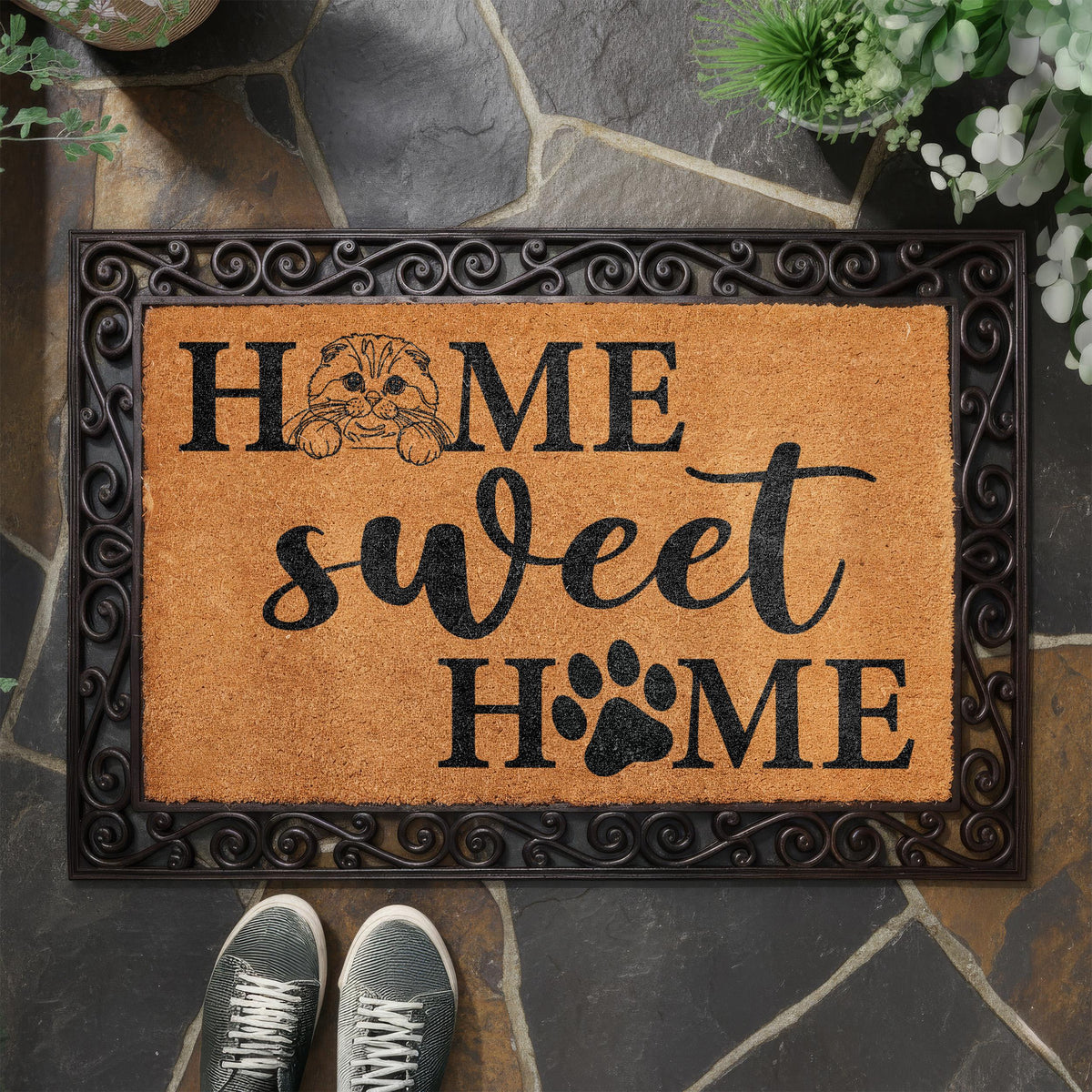 Custom Line Art Cat Home Sweet Home Doormat, Cats Lover Welcome Mat, Pet Owner Housewarming Gift, Front Porch Coir Rug, Home Entrance Decor