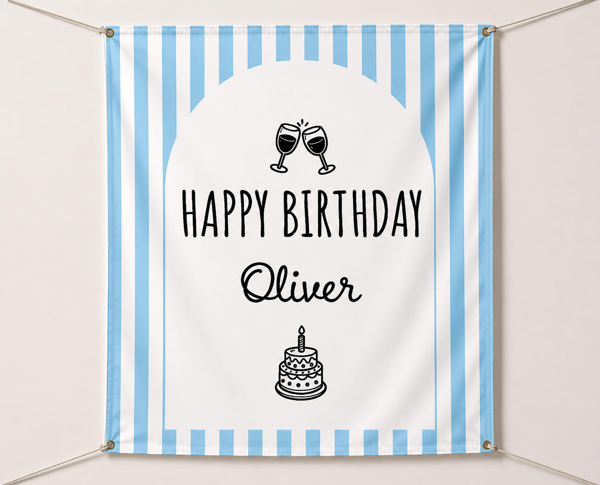 Custom Birthday Banner, Personalized Party Backdrop, Striped Champagne Glass Decor