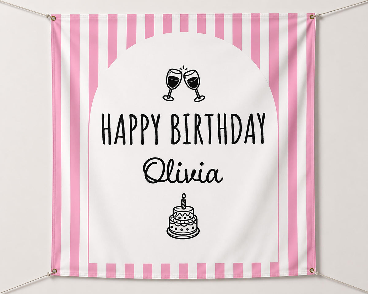 Custom Birthday Banner, Personalized Party Backdrop, Striped Champagne Glass Decor