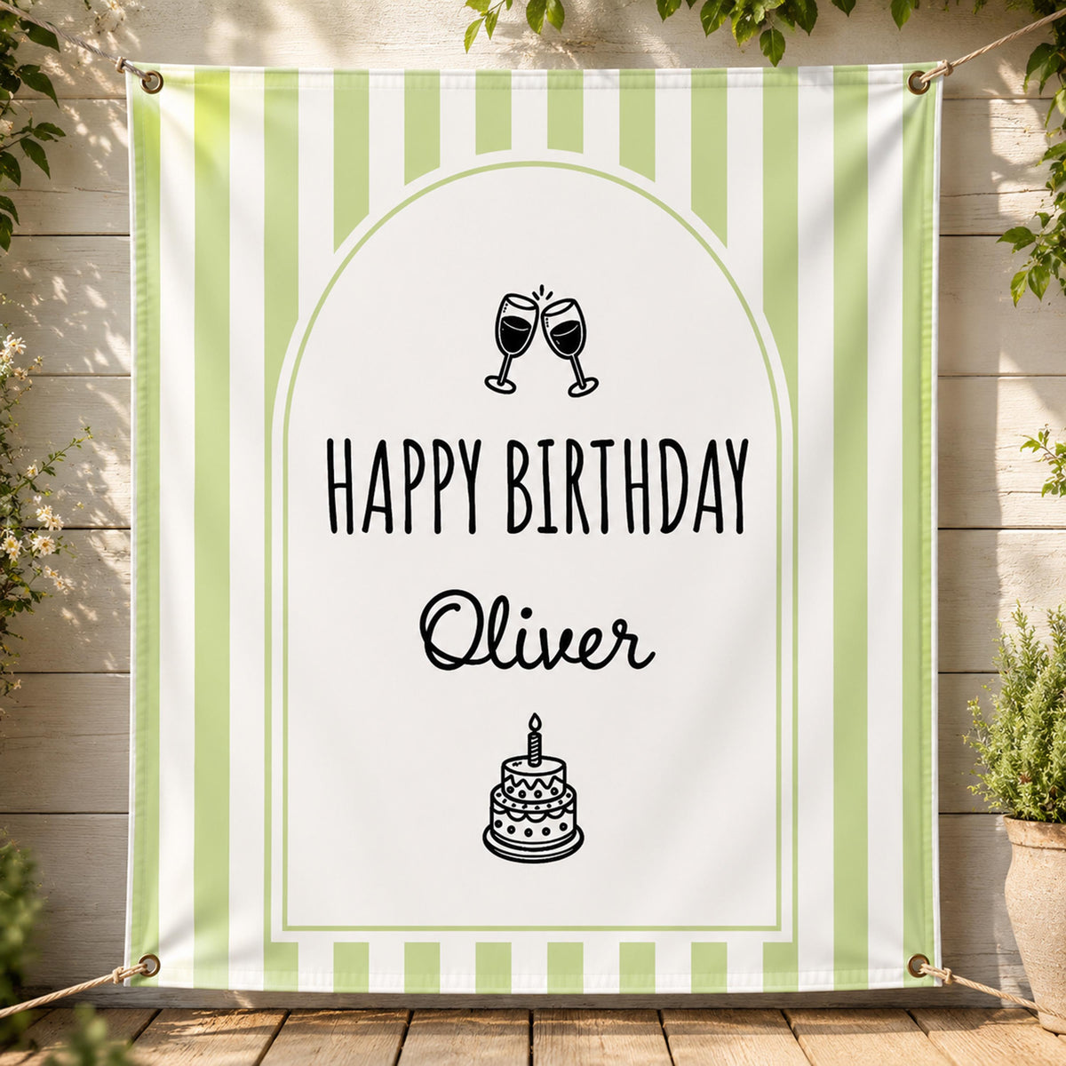 Custom Birthday Banner, Personalized Party Backdrop, Striped Champagne Glass Decor