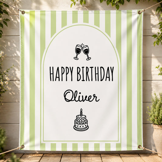 Custom Birthday Banner, Personalized Party Backdrop, Striped Champagne Glass Decor