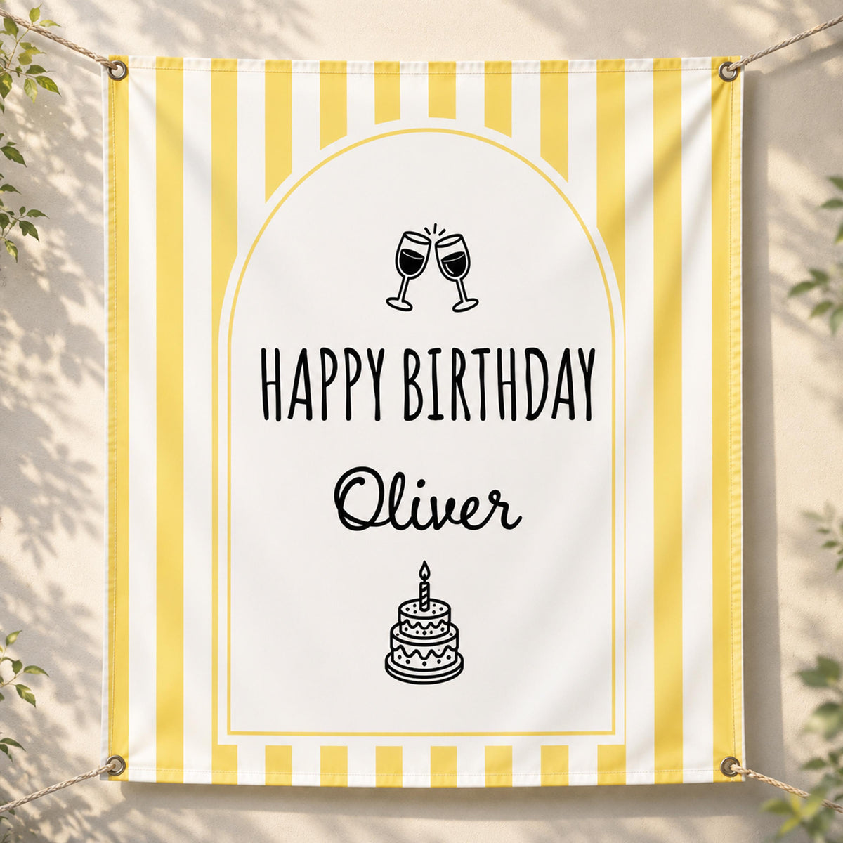 Custom Birthday Banner, Personalized Party Backdrop, Striped Champagne Glass Decor