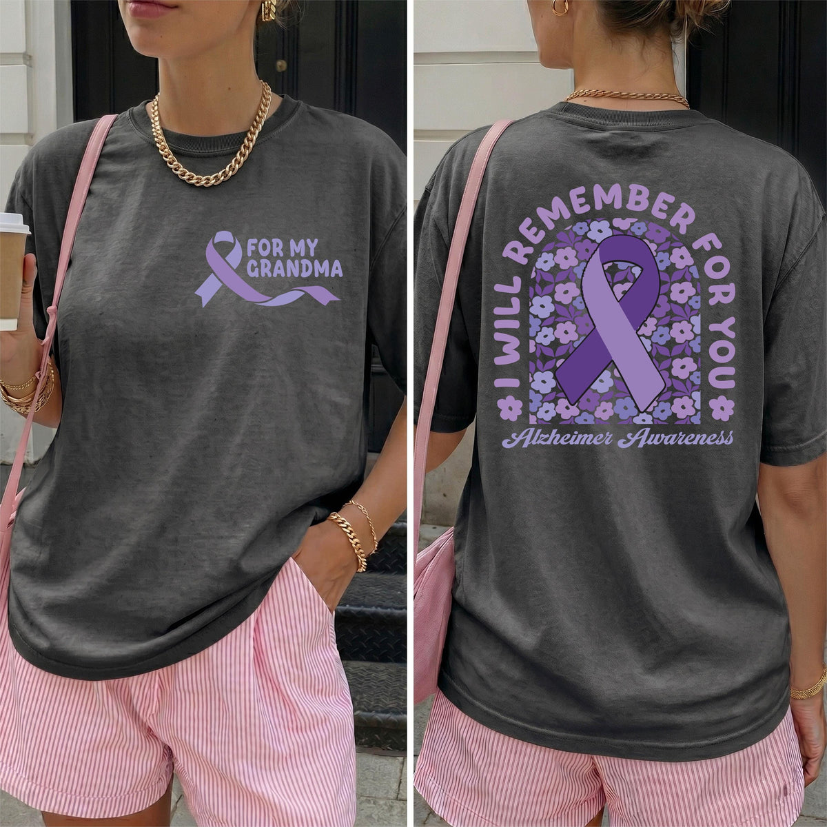 Comfort Colors® Personalized Alzheimer Support Shirt, Purple Ribbon Awareness Shirt, Floral Dementia Team T-Shirt