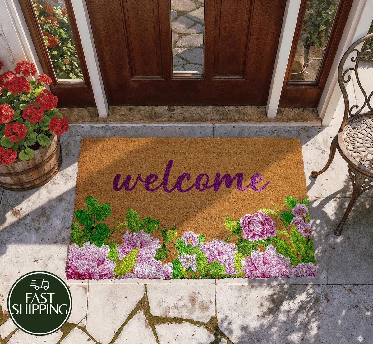 Peony Design Welcome Mat, Aesthetic Botanical Chic Doormat