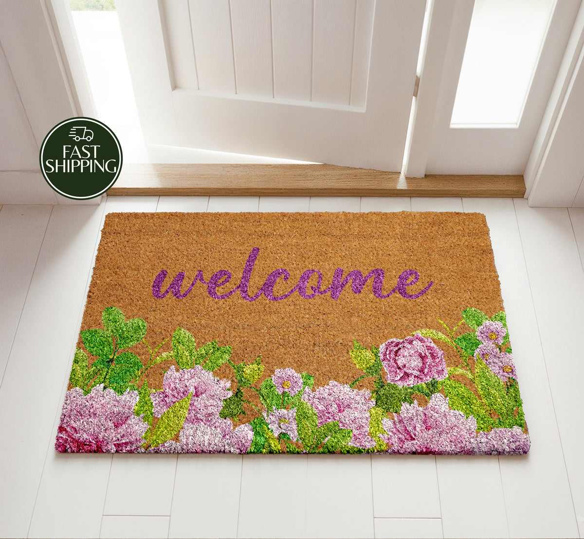 Peony Design Welcome Mat, Aesthetic Botanical Chic Doormat
