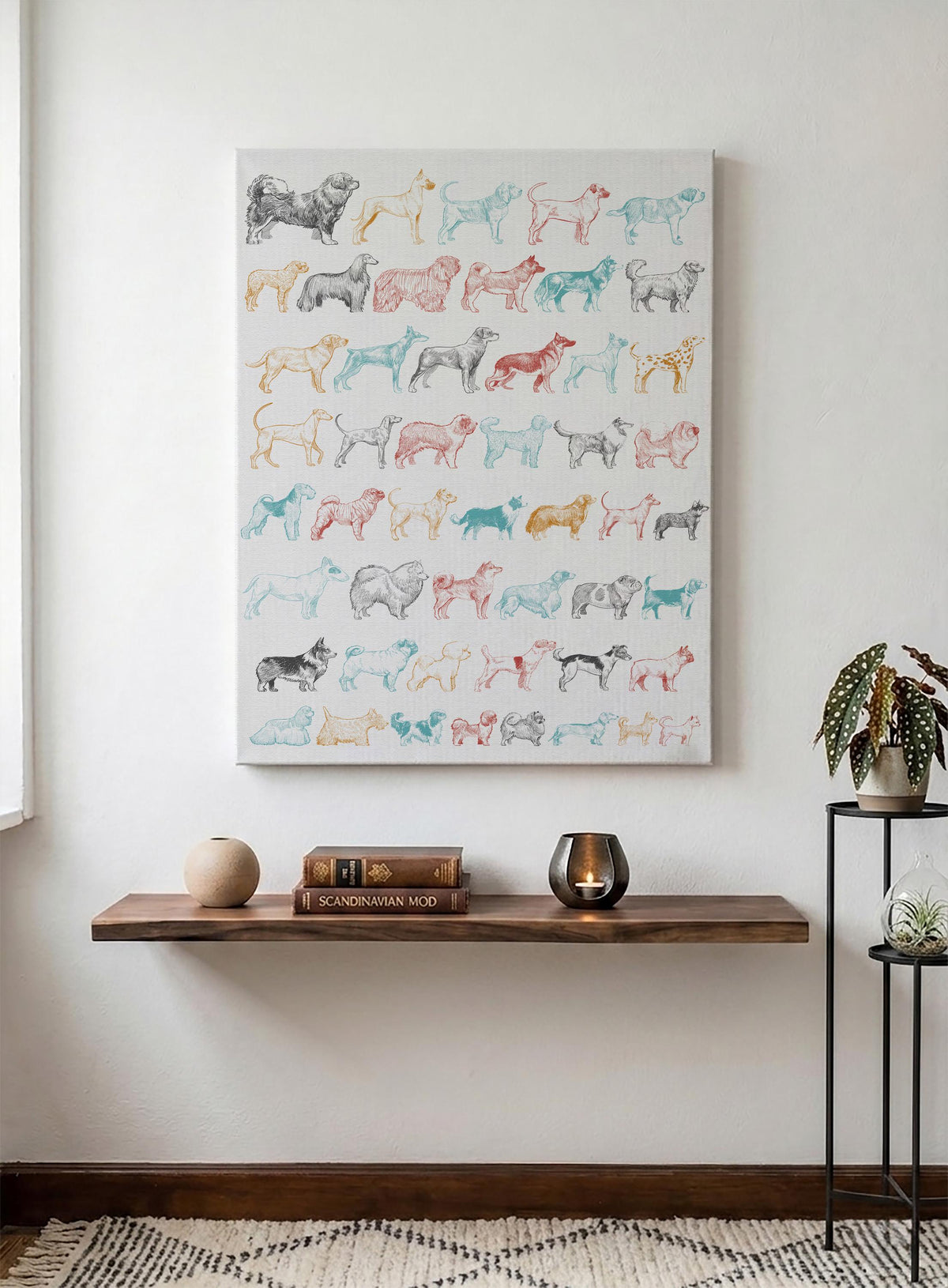 Colorful Dog Figures Canvas Print, Dogs Breeds Illustration Wall Art, Pet Lovers Artwork
