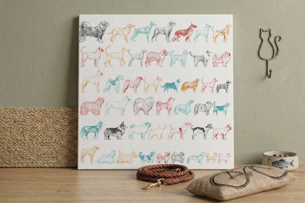 Colorful Dog Figures Canvas Print, Dogs Breeds Illustration Wall Art, Pet Lovers Artwork