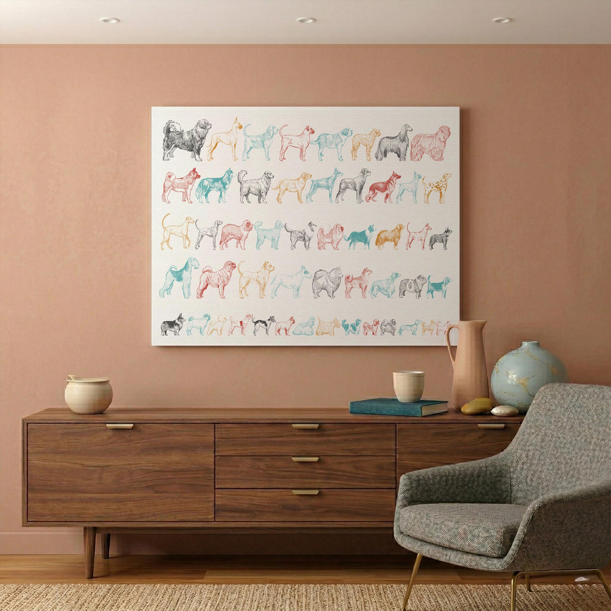 Colorful Dog Figures Canvas Print, Dogs Breeds Illustration Wall Art, Pet Lovers Artwork