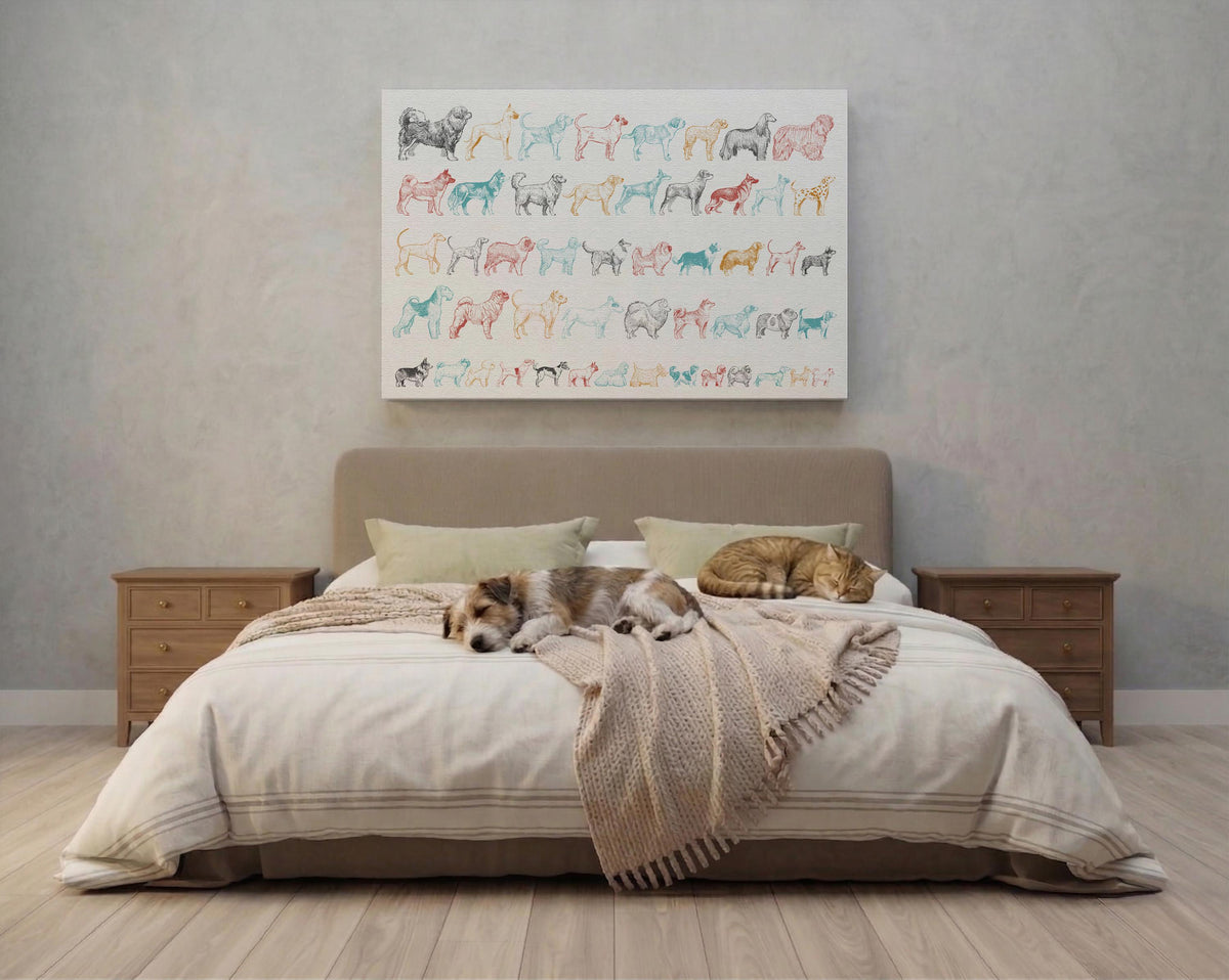 Colorful Dog Figures Canvas Print, Dogs Breeds Illustration Wall Art, Pet Lovers Artwork
