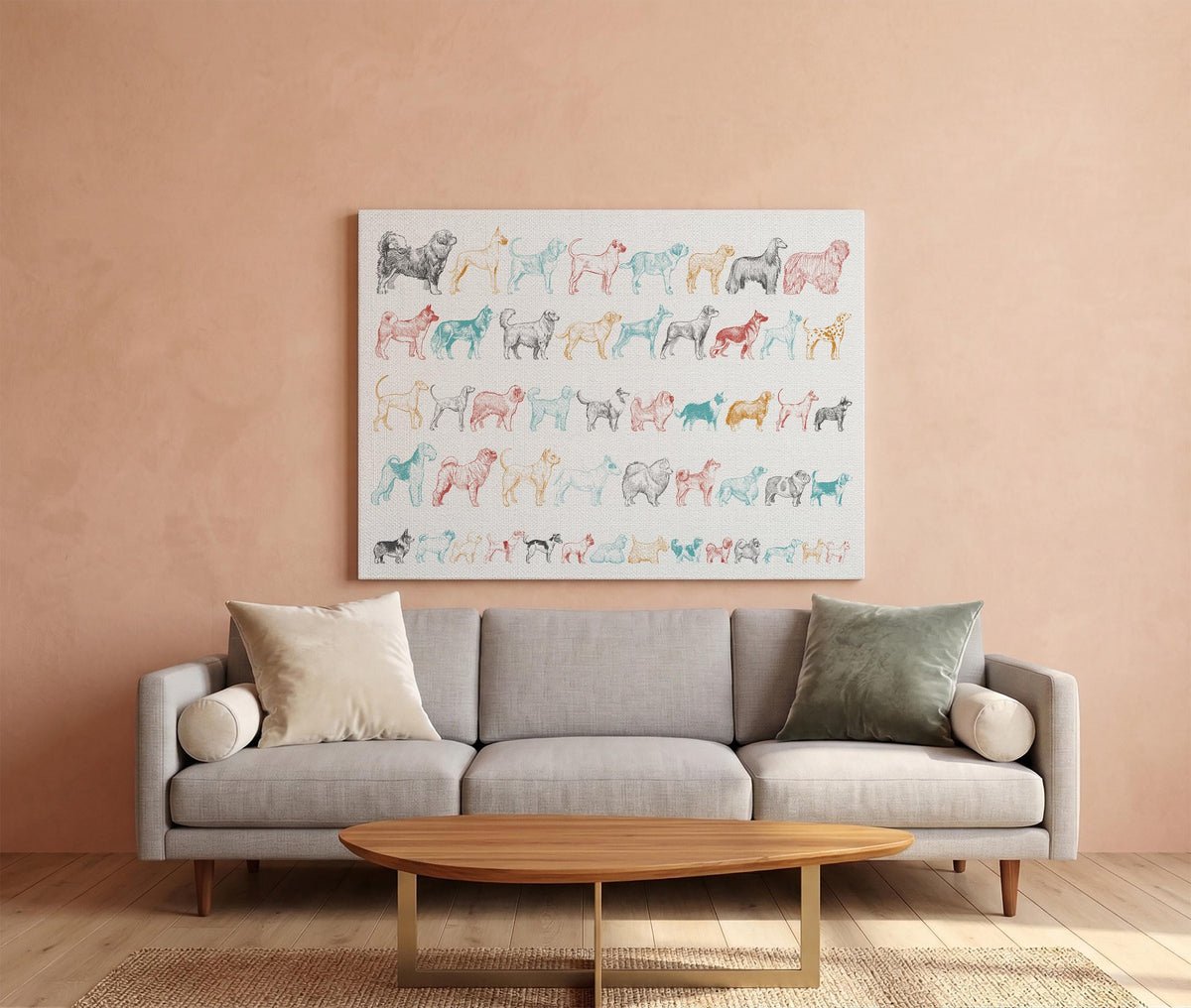 Colorful Dog Figures Canvas Print, Dogs Breeds Illustration Wall Art, Pet Lovers Artwork